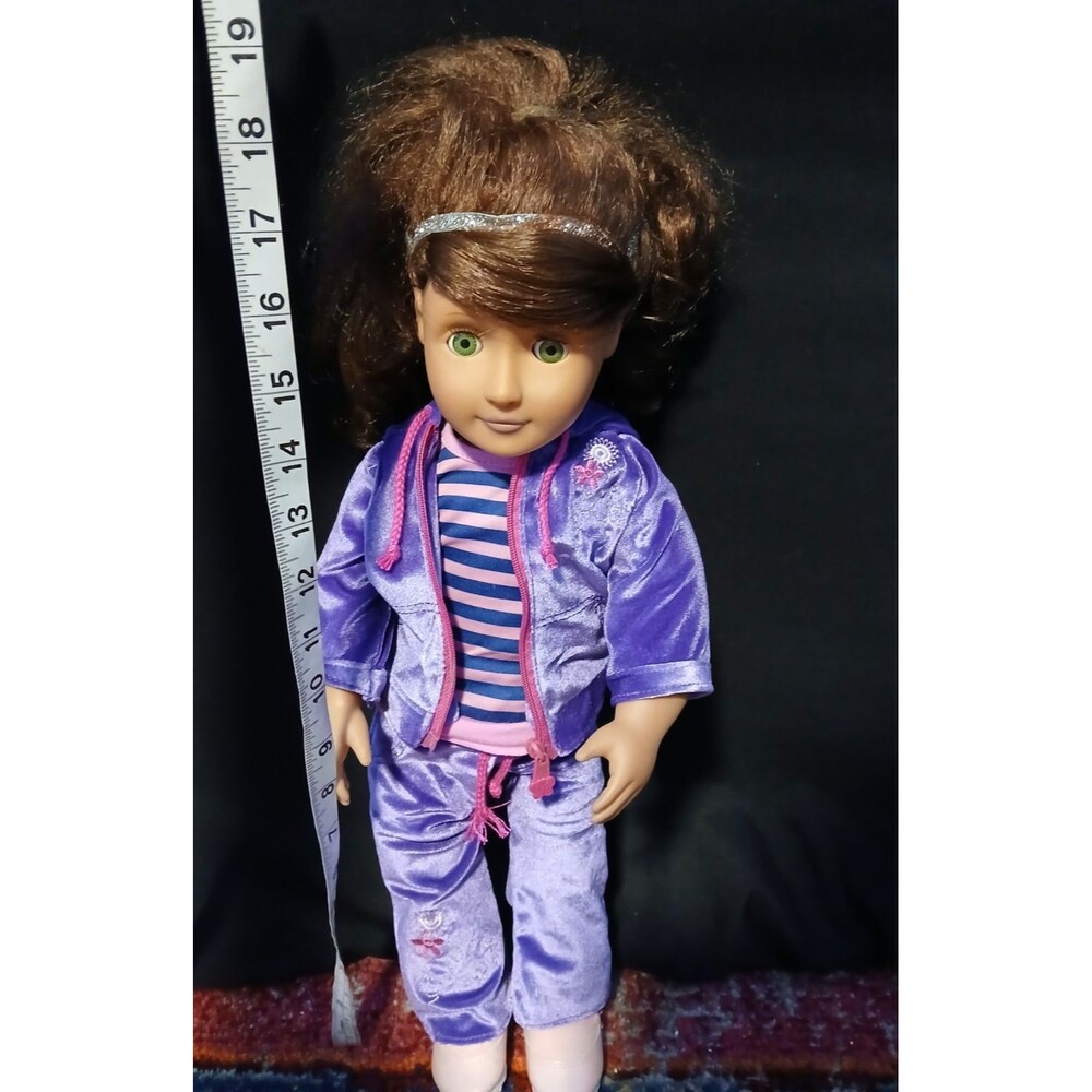 Our Generation Doll Brunette, Purple  Tracksuit and Pink snow boots 18"